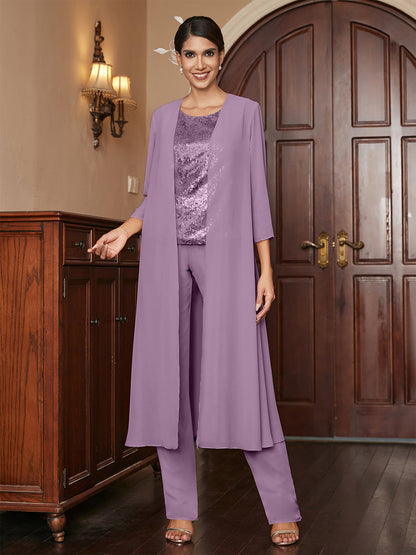 Chiffon Rundhalsausschnitt 3/4 Ärmel 3 Stück Hosenanzüge mit Pailletten & Jacke