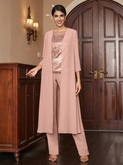 Chiffon Rundhalsausschnitt 3/4 Ärmel 3 Stück Hosenanzüge mit Pailletten & Jacke
