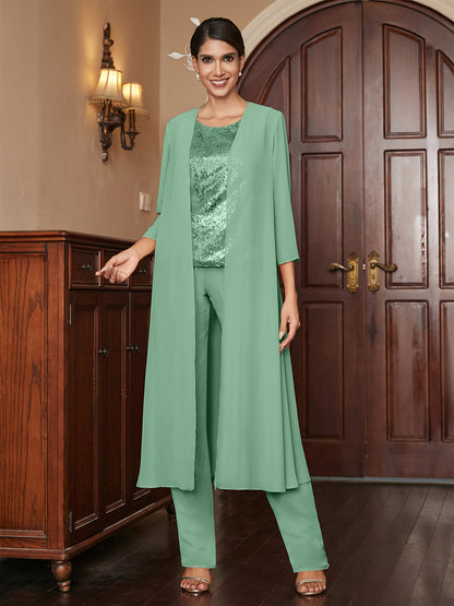 Chiffon Rundhalsausschnitt 3/4 Ärmel 3 Stück Hosenanzüge mit Pailletten & Jacke