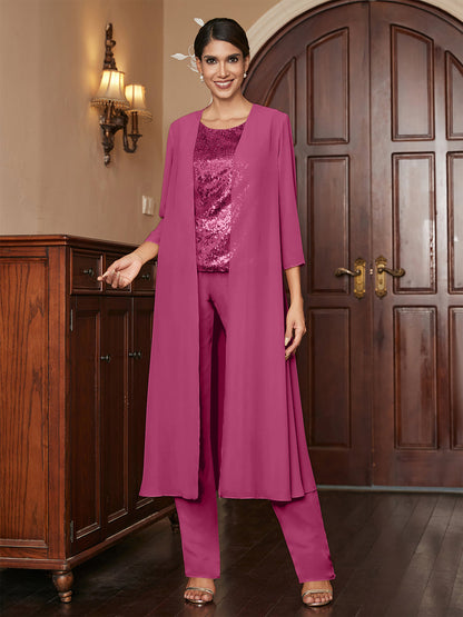 Chiffon Rundhalsausschnitt 3/4 Ärmel 3 Stück Hosenanzüge mit Pailletten & Jacke