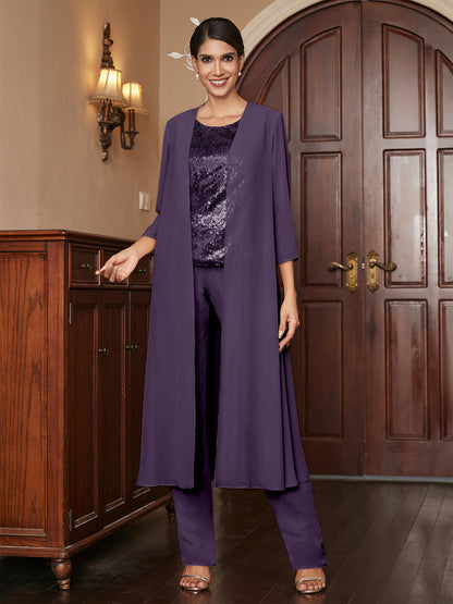Chiffon Rundhalsausschnitt 3/4 Ärmel 3 Stück Hosenanzüge mit Pailletten & Jacke