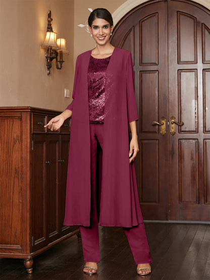 Chiffon Rundhalsausschnitt 3/4 Ärmel 3 Stück Hosenanzüge mit Pailletten & Jacke