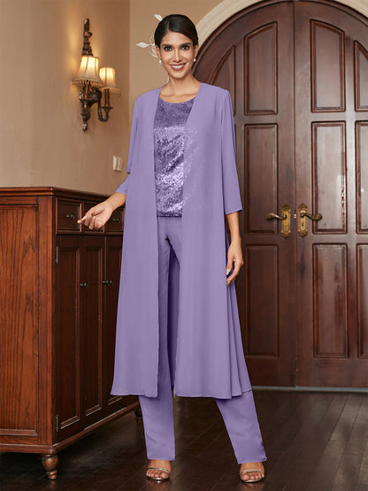 Chiffon Rundhalsausschnitt 3/4 Ärmel 3 Stück Hosenanzüge mit Pailletten & Jacke