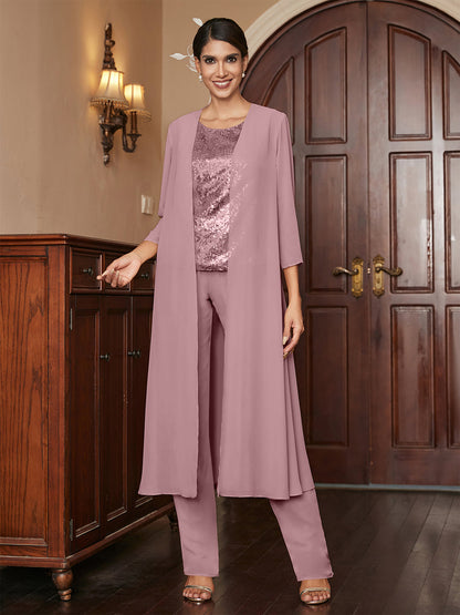 Chiffon Rundhalsausschnitt 3/4 Ärmel 3 Stück Hosenanzüge mit Pailletten & Jacke