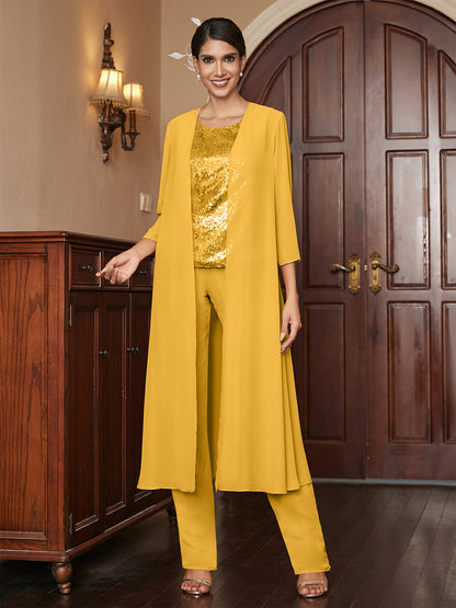 Chiffon Rundhalsausschnitt 3/4 Ärmel 3 Stück Hosenanzüge mit Pailletten & Jacke