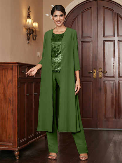 Chiffon Rundhalsausschnitt 3/4 Ärmel 3 Stück Hosenanzüge mit Pailletten & Jacke