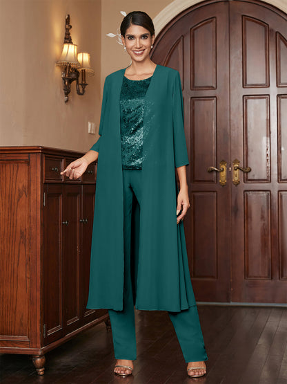 Chiffon Rundhalsausschnitt 3/4 Ärmel 3 Stück Hosenanzüge mit Pailletten & Jacke