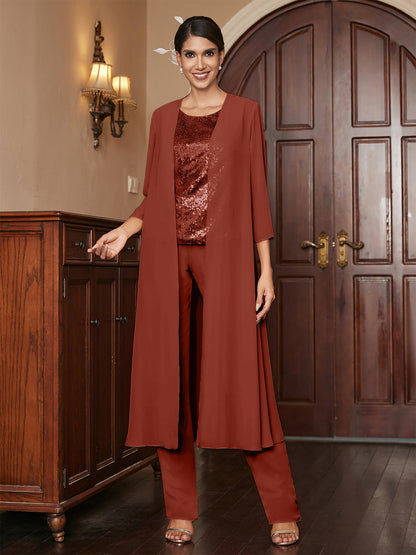 Chiffon Rundhalsausschnitt 3/4 Ärmel 3 Stück Hosenanzüge mit Pailletten & Jacke