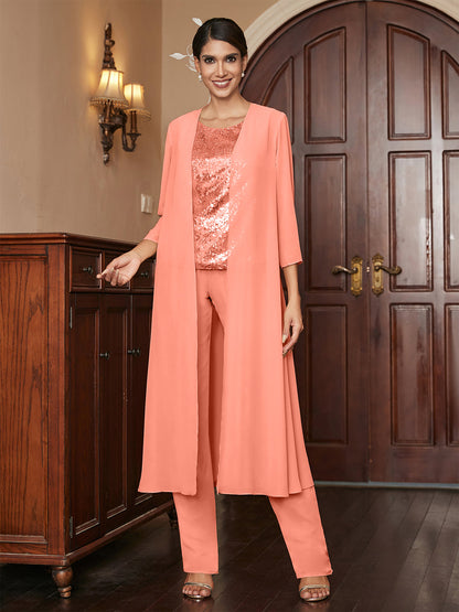 Chiffon Rundhalsausschnitt 3/4 Ärmel 3 Stück Hosenanzüge mit Pailletten & Jacke