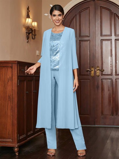 Chiffon Rundhalsausschnitt 3/4 Ärmel 3 Stück Hosenanzüge mit Pailletten & Jacke