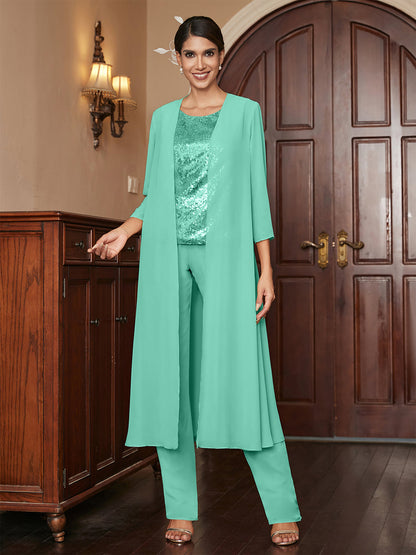 Chiffon Rundhalsausschnitt 3/4 Ärmel 3 Stück Hosenanzüge mit Pailletten & Jacke
