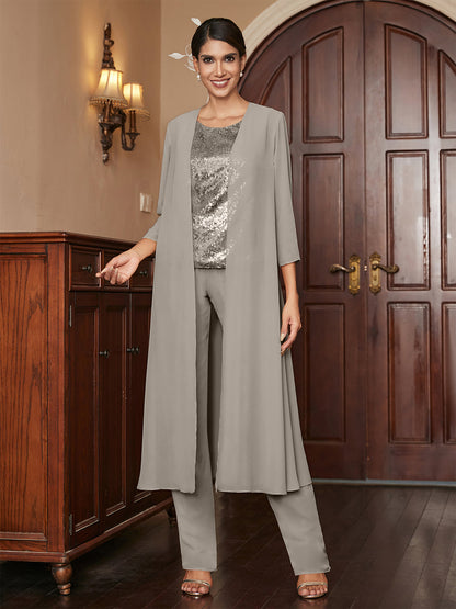 Chiffon Rundhalsausschnitt 3/4 Ärmel 3 Stück Hosenanzüge mit Pailletten & Jacke