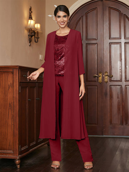 Chiffon Rundhalsausschnitt 3/4 Ärmel 3 Stück Hosenanzüge mit Pailletten & Jacke