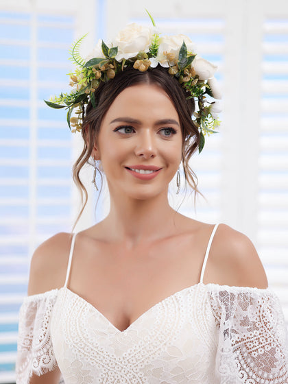 Künstliche Elfenbeinfarbene Brautgirlanden Stirnbänder Hochzeitsblumenkronen mit Champagnerband