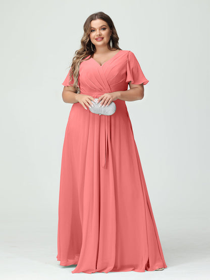 A-Linie/Prinzessin V-Ausschnitt Kurze Ärmel Chiffon Seitlich Geschlitzt Übergröße Brautjungfernkleider mit Taschen Gürtel