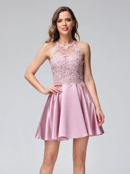 A-Linie Stehkragen Ärmelloses Kurzes Spitzenkleid aus Satin mit Applikationen