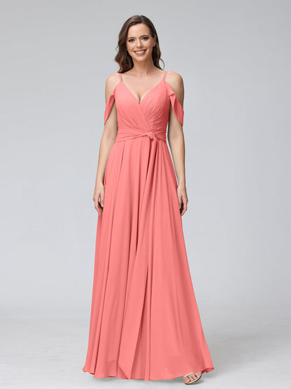 A-Linie V-Ausschnitt Kurze Ärmel Chiffon-Brautjungfernkleider mit Spaghettiträgern Und Geschlitzter Seite