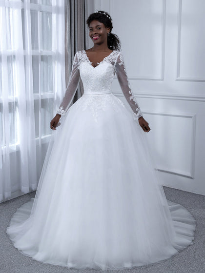 Brautkleider in Duchesse-Linie aus Tüll mit V-Ausschnitt Und Langen Ärmeln Und Applikationen