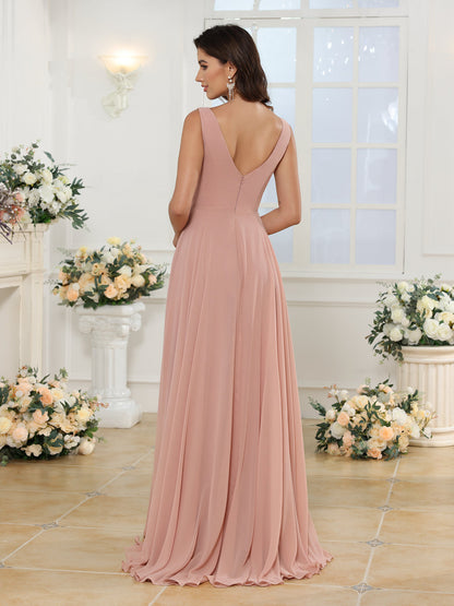 A-Linie/Prinzessin V-Ausschnitt Lange Hochzeitskleider mit Seitenschlitz & Taschen