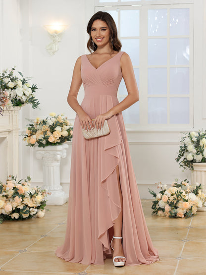 A-Linie/Prinzessin V-Ausschnitt Lange Hochzeitskleider mit Seitenschlitz & Taschen