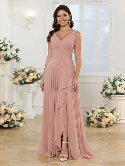 A-Linie/Prinzessin V-Ausschnitt Lange Hochzeitskleider mit Seitenschlitz & Taschen