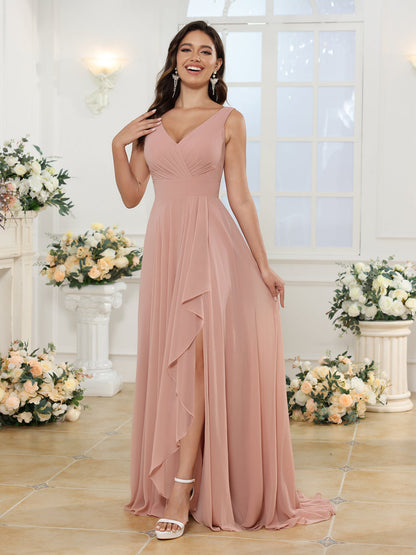 A-Linie/Prinzessin V-Ausschnitt Lange Hochzeitskleider mit Seitenschlitz & Taschen