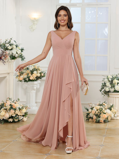 A-Linie/Prinzessin V-Ausschnitt Lange Hochzeitskleider mit Seitenschlitz & Taschen