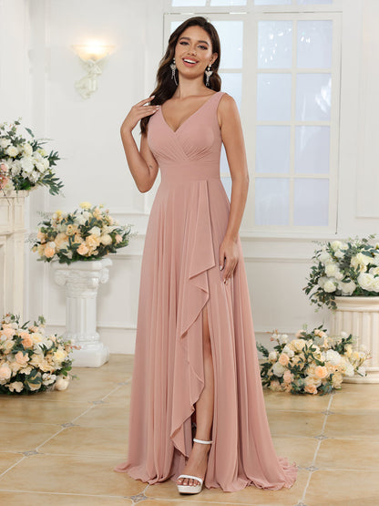A-Linie/Prinzessin V-Ausschnitt Lange Hochzeitskleider mit Seitenschlitz & Taschen
