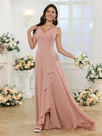 A-Linie/Prinzessin V-Ausschnitt Lange Hochzeitskleider mit Seitenschlitz & Taschen
