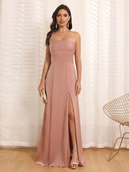 A-Linie/Prinzessin Spaghettiträger Lange Hochzeitskleider mit Seitenschlitz