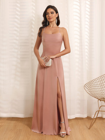 A-Linie/Prinzessin Spaghettiträger Lange Hochzeitskleider mit Seitenschlitz