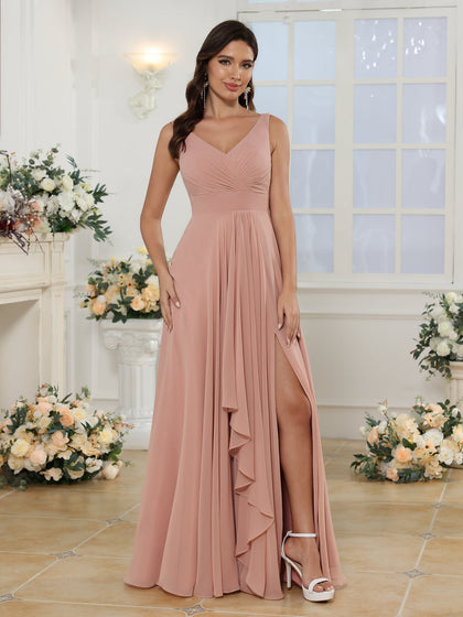 A-Linie/Prinzessin V-Ausschnitt Lange Hochzeitskleider mit Seitenschlitz